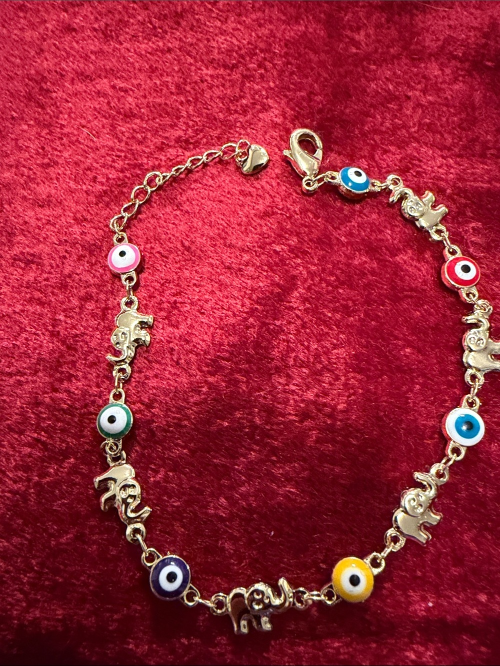 New bright Gold Elephant & Multicolor Evil Eye bracelet 6”-8” non tarnish finish